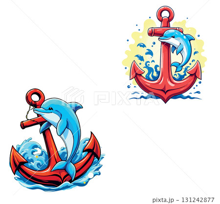Vsai playful dolphin playing with red anchor in ocean waves 131242877