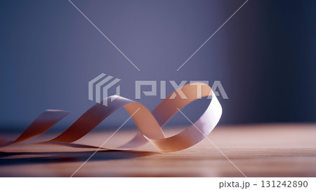 Pink satin ribbon lying on wooden surface with soft light and shadows, minimal composition with elegant and romantic mood 131242890