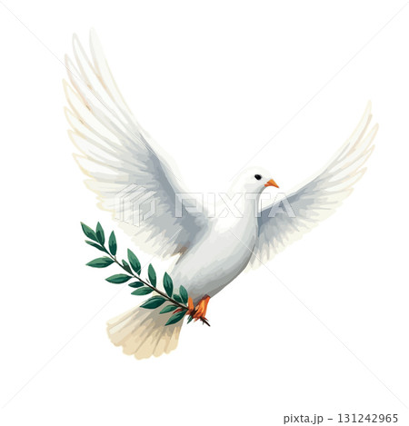 Vsai white dove flying and holding olive branch, symbol of peace and hope Vsai white dove flying and holding olive branch, symbol of peace and hope 131242965