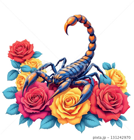 Vsai blue scorpion resting on colorful roses illustration Vsai blue scorpion resting on colorful roses illustration 131242970