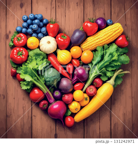 Vsai fresh vegetables and fruits forming a heart shape on rustic wooden table Vsai fresh vegetables and fruits forming a heart shape on rustic wooden table 131242971