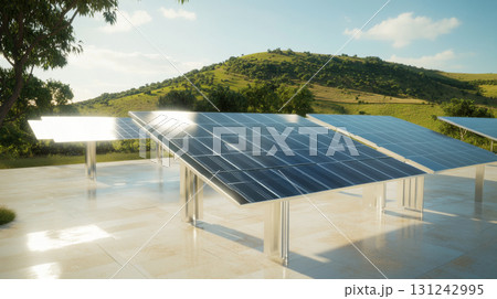 Expansive solar panel array situated in a scenic, rural landscape with rolling hills 131242995