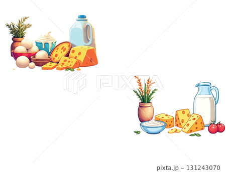 Vsai delicious dairy products composition with milk, cheese, yogurt, and decorative plants Vsai delicious dairy products composition with milk, cheese, yogurt, and decorative plants 131243070