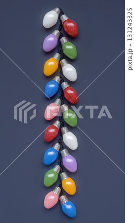Colorful retro Christmas string lights arranged vertically on dark background, classic festive decoration used by American people during winter holidays 131243325