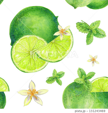 watercolor seamless pattern of green lime and mint 131243469