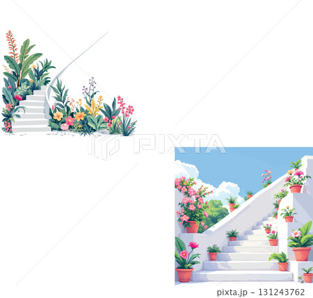 Vsai blooming stairs in lush tropical garden and white terraced building 131243762