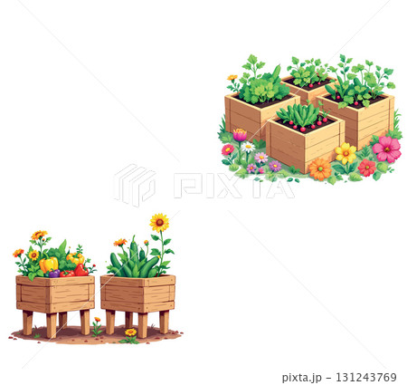 Vsai wooden planter boxes growing vegetables and flowers 131243769
