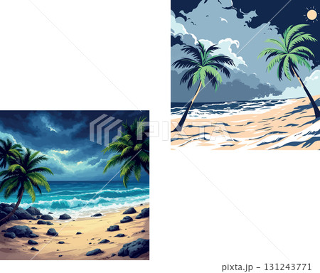 Vsai tropical beach with palm trees at different times of day, sunrise, sunset, and nighttime Vsai tropical beach with palm trees at different times of day, sunrise, sunset, and nighttime 131243771
