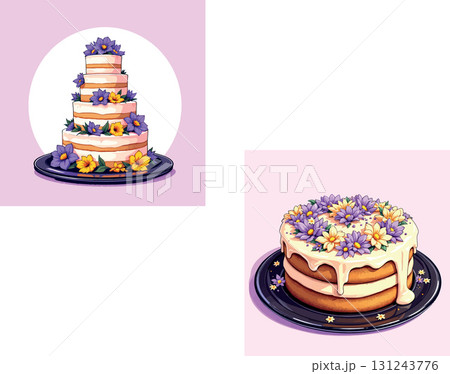 Vsai delicious wedding cakes decorated with edible flowers resting on trays 131243776