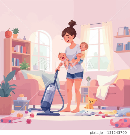 Vsai exhausted mother vacuuming while holding crying babies Vsai exhausted mother vacuuming while holding crying babies 131243790