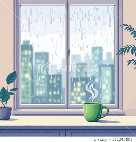 Vsai steaming coffee by the window overlooking rainy cityscape 131243808