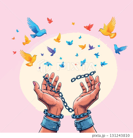 Vsai chained hands releasing colorful birds symbolizing freedom and hope 131243810