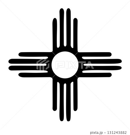 Zia Sun Symbol. Solar sign with four sunbeams in each direction, as it is used by the indigenous Zia people. The symbol is also featured on the New Mexico flag. Isolated black and white illustration. Zia Sun Symbol. Solar sign with four sunbeams in each direction, as it is used by the indigenous Zia people. The symbol is also featured on the New Mexico flag. Isolated black and white illustration. 131243882