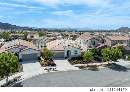 Aerial view of a sprawling neighborhood of family homes in Menifee, California, USA. 131244170