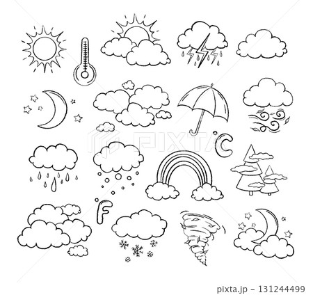 Line vector weather icon big set. Hand drawn by chalk. Outline doodle Illustration with temperature, sun, rain, snow, cloud, storm, for climate forecast. Meteorology 131244499