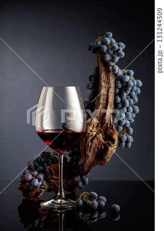 Glass of red wine with a weathered snag and blue grapes. 131244509