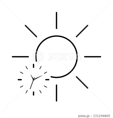 Sun with clock symbol representing circadian health and day cycle. Minimal line art illustration concept of wakefulness, biological rhythm, energy and wellness design for science, lifestyle projects Sun with clock symbol representing circadian health and day cycle. Minimal line art illustration concept of wakefulness, biological rhythm, energy and wellness design for science, lifestyle projects 131244605