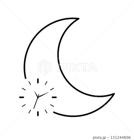 Moon with clock symbol representing circadian health and night cycle. Minimal line art illustration concept of sleep, biological rhythm, rest and wellness design for science and lifestyle projects Moon with clock symbol representing circadian health and night cycle. Minimal line art illustration concept of sleep, biological rhythm, rest and wellness design for science and lifestyle projects 131244606