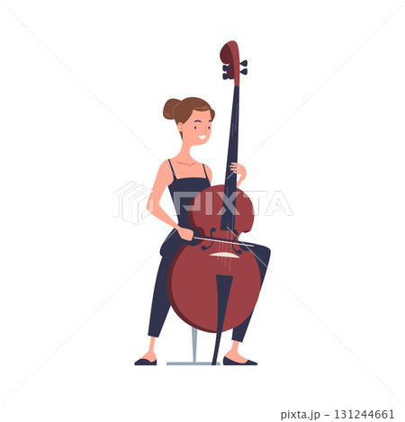 Woman Musician Character Play Cello Musical Instrument Sitting on Stage Vector Illustration 131244661