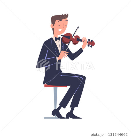 Man Musician Character Play Violin Musical Instrument Sitting on Stage Vector Illustration 131244662