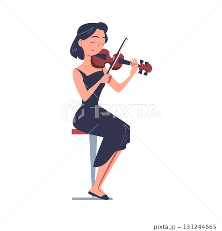 Woman Musician Character Play Violin Musical Instrument Sitting on Stage Vector Illustration Woman Musician Character Play Violin Musical Instrument Sitting on Stage Vector Illustration 131244665