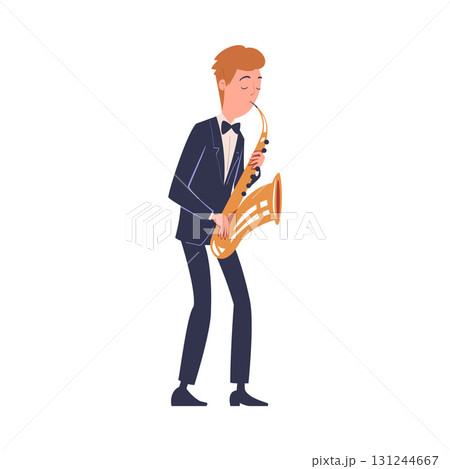 Man Musician Character Play Saxophone Musical Instrument Standing on Stage Vector Illustration 131244667