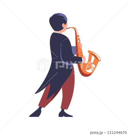 Man Musician Character Play Saxophone Musical Instrument Standing on Stage Vector Illustration Man Musician Character Play Saxophone Musical Instrument Standing on Stage Vector Illustration 131244670