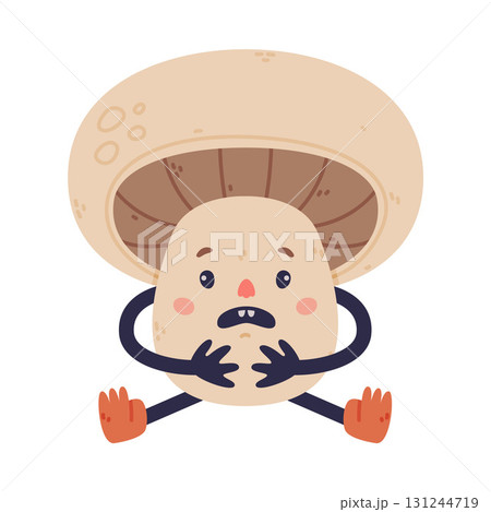Funny Mushroom Character with Happy Face and Cap in Sitting Pose Vector Illustration 131244719