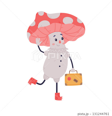 Funny Mushroom Character with Happy Face and Cap Hold Trunk Vector Illustration 131244761
