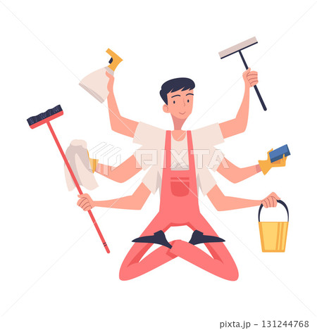 Multitasking Man Cleaner Character with Many Hands Vector Illustration Multitasking Man Cleaner Character with Many Hands Vector Illustration 131244768