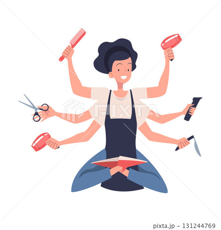 Multitasking Woman Hairdresser Character with Many Hands Vector Illustration 131244769
