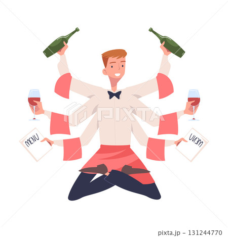 Multitasking Man Waiter Character with Many Hands Vector Illustration 131244770