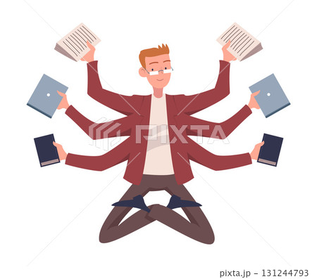 Multitasking Man Office Employee Character with Many Hands Vector Illustration 131244793