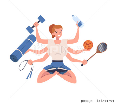 Multitasking Woman Character with Many Hands Do Sport Vector Illustration 131244794