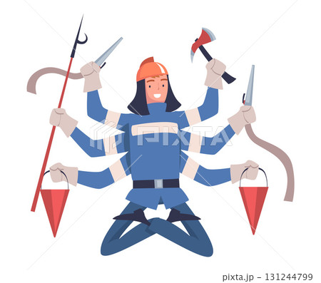 Multitasking Man Firefighter Character with Many Hands Vector Illustration Multitasking Man Firefighter Character with Many Hands Vector Illustration 131244799