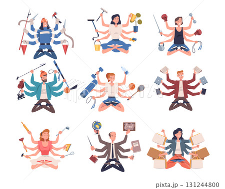 Multitasking People Character with Many Hands Vector Set Multitasking People Character with Many Hands Vector Set 131244800
