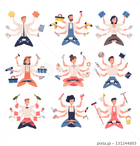 Multitasking People Character with Many Hands Vector Set 131244803