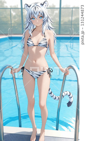 白い虎耳と尻尾を持つ美少女がプールで微笑む姿。 131244873