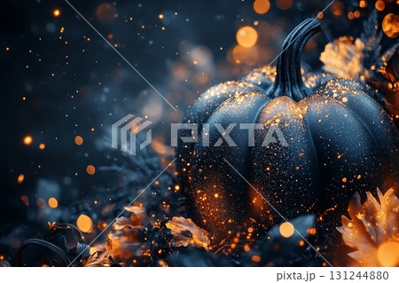 Black pumpkin with glitter and bokeh lights in a spooky, enchanting nighttime setting. Black pumpkin with glitter and bokeh lights in a spooky, enchanting nighttime setting. 131244880