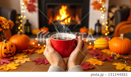 Hands holding a red cup of hot drink with steam, set against a cozy fireplace and autumn decorations. Hands holding a red cup of hot drink with steam, set against a cozy fireplace and autumn decorations. 131244881