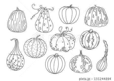 Pumpkins set outline simple hand drawn vector illustration, doodle vegetable for seasonal autumn, fall holidays celebration design, healthy vegetarian diet ingredient, Thanksgiving, Halloween clipart Pumpkins set outline simple hand drawn vector illustration, doodle vegetable for seasonal autumn, fall holidays celebration design, healthy vegetarian diet ingredient, Thanksgiving, Halloween clipart 131244894