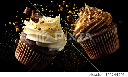 Two fresh baked chocolate muffins with crumbs flying on black background. Sweet dark cupcake falling with vanilla frosting mid-air falls. Crumbs and chocolate shards fly with golden sprinkles. 131244901