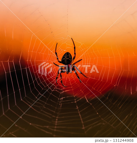 Spider in the center of its intricate web silhouetted against a dramatic orange sunset sky, nature scene Spider in the center of its intricate web silhouetted against a dramatic orange sunset sky, nature scene 131244908