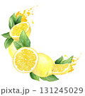 Yellow lemons, lemon slices and halves, leaves, splashes. Watercolor wreath, hand drawn illustration, isolated on white background. Suitable for menus, cosmetics, packaging, cards. 131245029