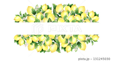 Watercolor frame of tropical fruit: yellow lemon, flowers and lemon leaves. The illustration is hand drawn, isolated on a white background. Suitable for menus, cosmetics, packaging, cards. 131245030