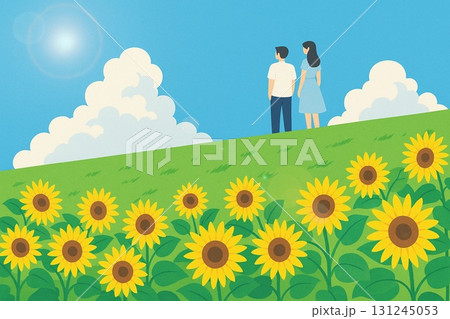 夏イメージ　ひまわり　青空　男女　ベクター 131245053