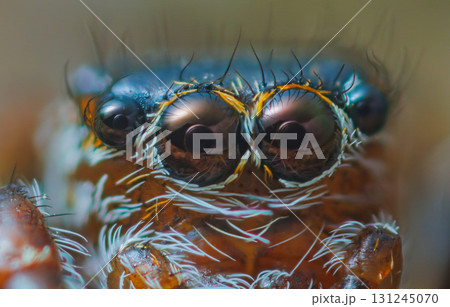 Jumping spider eyes, close up portrait of juping spider - Evarcha falcata Jumping spider eyes, close up portrait of juping spider - Evarcha falcata 131245070