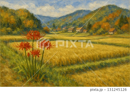 彼岸花 秋の田園風景 里山風景 油彩画 彼岸花 秋の田園風景 里山風景 油彩画 131245126