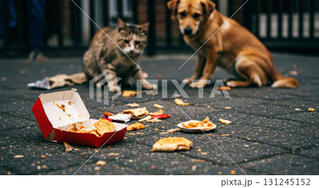 A stray cat and dog search for scraps of discarded food in a dirty fast-food box on the street. 131245152