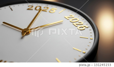 A black and white clock face with golden hands moving towards the year 2026, marking the New Year transition. 131245153